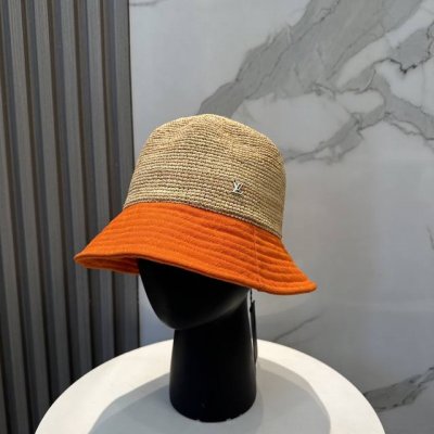 lv路易威登进口拉菲草拼色 盆帽简约不失庄重 低调奢华 极具造型感 ！ 渔夫帽款式设计 ，真心好看也百搭