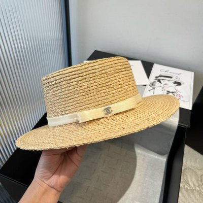 chanel香奈儿拉菲草平顶礼帽 高级麻纱定制 头围57Cm