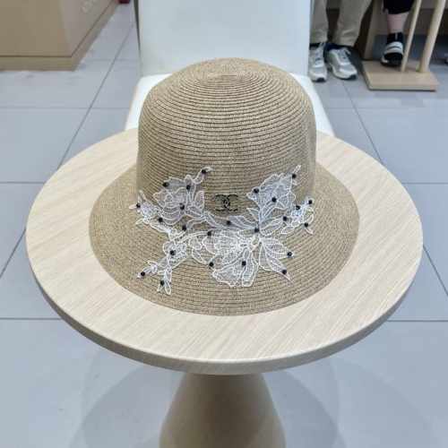 Chanel香奈儿草帽防晒帽草帽女可折叠沙滩遮阳帽夏蕾丝渔夫帽大帽檐绣花装饰