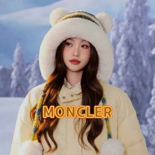 Moncler蒙口拼色条纹雷锋帽防寒可爱毛绒帽子女冬加厚加绒保暖护耳毛线帽东北