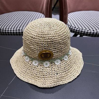 古奇Gucci 花朵小花女度假旅游檐蕾丝手工甜美大檐草编渔夫 草帽遞阳帽夏季