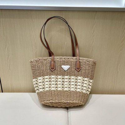 prada普拉达手工编织草编包2025新款夏季旅游托特包通勤手提包休闲单肩腋下包上宽40Cm 下宽23Cm高度30Cm