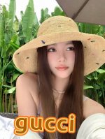 gucci高品质加密编织拉菲草草帽女彩色点缀复古休闲遮阳度假草编帽子夏