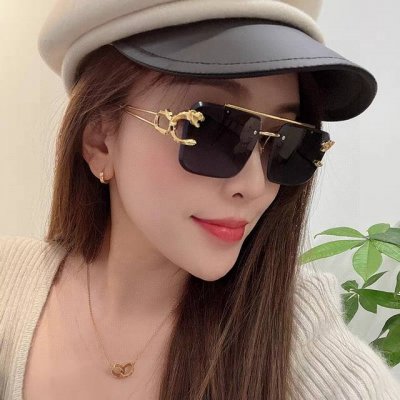 Cartier卡地亚 双梁切边无框太阳镜个性优雅男女皆可浮夸复古风豹子头装饰墨镜