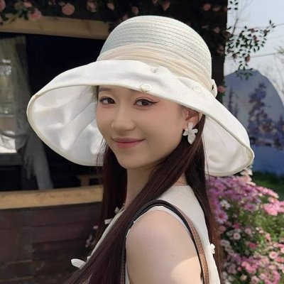 蒙口2025夏季飘带蝴蝶结开叉盆帽网纱防晒遮阳帽女户外 防紫外线沙滩太阳帽