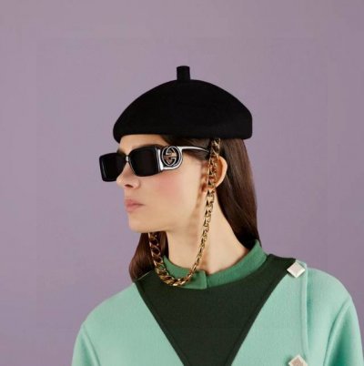 Gucci 古奇 倪妮同款 欧美潮款长方形框墨镜男女高级感个性环扣双G镂空设计前卫太阳镜
