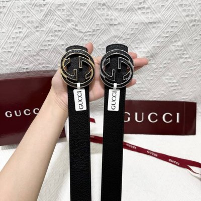 gucci 男士新款 4.0Cm宽 带身釆用双面荔枝纹头层牛皮 搭配新款贴皮Gg互扣式抛光铜金属扣头 双面可用 简单大气 时尚百搭