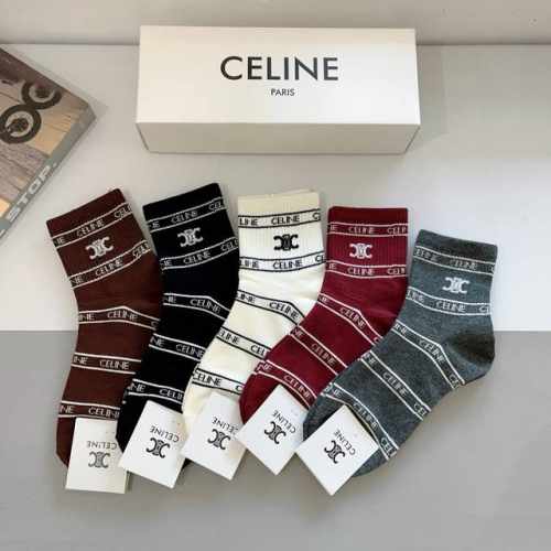 配包装 一盒5双 celine 赛琳 新款中筒袜 纯棉面料 专柜同 步中筒袜子 大牌出街 潮人必备超好搭配
