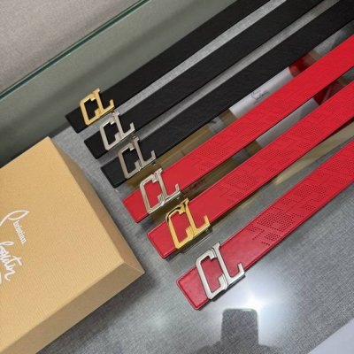 3.8宽Christian Louboutin 男士Ricky标志性徽标搭扣黑色腰带红色底，双面牛皮。