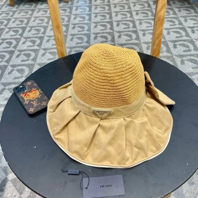 prada普拉达 黑胶帽子女款春夏出游防紫外线遮阳防晒帽大檐蝴蝶结渔夫帽太阳帽