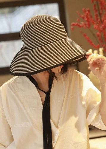 chanel香奈儿新款条纹遮阳帽 盆帽 可折叠草帽 头围57Cm