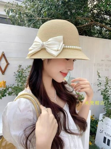 迪奥Dior草帽法式复古大珍珠蝴蝶结防晒草帽女 夏季遮阳盆帽渔夫帽可折叠