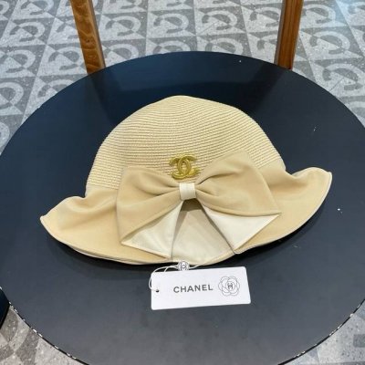 香奈儿Chanel优雅开叉蝴蝶结渔夫帽女士草帽防晒遮阳夏季海边出游度假沙滩帽子