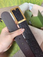 Gucci 古驰男款互锁G金属扣腰带，采用热压技术的Gucci Signature真皮精制而成，触感厚实，印花图案清晰分明大小能裁剪4.0宽 顶级