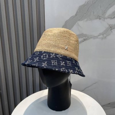 lv路易威登进口拉菲草拼色 盆帽简约不失庄重 低调奢华 极具造型感 ！ 渔夫帽款式设计 ，真心好看也百搭