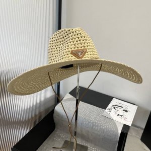 prada普拉达吃款礼帽 遮阳大草帽 佩戴防风绳 头围57Cm