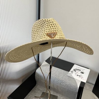 prada普拉达吃款礼帽 遮阳大草帽 佩戴防风绳 头围57Cm