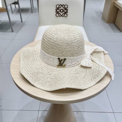 路易威登棒球帽 Louisvuitton新款蕾丝飘带蝴蝶结草帽女夏季海边度假遮阳帽防晒波浪大檐草编帽
