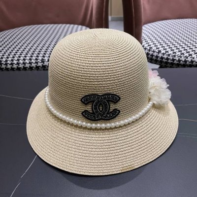 Dior迪奥 珍珠圈草帽女夏季花朵圆顶遮阳帽海边度假沙 滩防晒太阳帽渔夫帽子