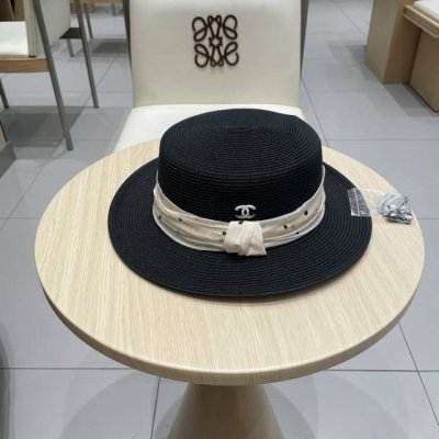 Chanel香奈儿平顶帽子女夏优雅波点草帽海边沙滩防晒遮阳帽英伦礼帽清新太阳帽