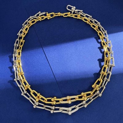 df80 蒂芙尼Tnf摩登时尚镶钻环环相扣马蹄U形大小竹节项链 黄铜材料电镀18K金 金银2个色 项链尺寸:总长约41Cm
