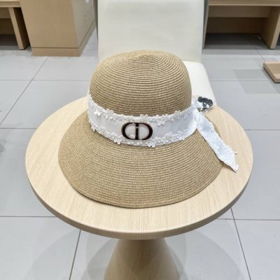 Dior迪奥遮阳帽女防晒防紫外线海边防风绳太阳帽赫尔本渔夫帽夏大帽檐草帽