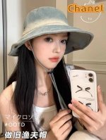 P80Chanel扎染水洗做旧牛仔渔夫帽子女春夏季百搭户外爬山露营大帽檐登山帽