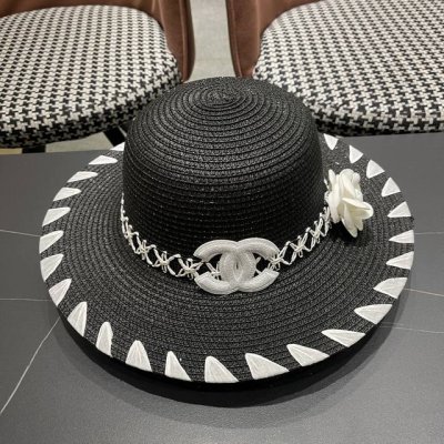 香奈儿Chanel爆款2025新款条纹简约休闲大帽檐草帽女户外旅游沙滩遮阳显脸小