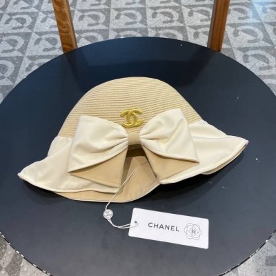 香奈儿Chanel优雅开叉蝴蝶结渔夫帽女士草帽防晒遮阳夏季海边出游度假沙滩帽子