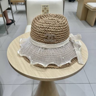 Chanel香奈儿法式蕾丝花边编织草帽女夏季大帽檐遮阳渔夫帽子海边沙滩度假帽潮