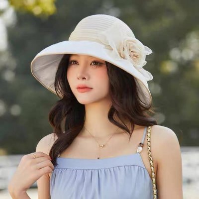 P80 巴宝莉Burberry2025新款小众遮阳帽女沙滩渔夫帽欧根纱花朵 妈妈太阳帽防晒盆帽