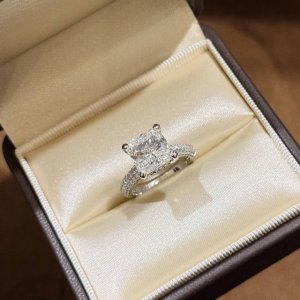 a3600 仿真钻 富婆系列 爆闪10Ct 雷迪恩碎冰切 正方钻 五克拉 满钻戒指 原单顶级925纯银镶嵌 采用四爪镶嵌结构镶座的位置更低，从而贴近肌肤，戒壁打