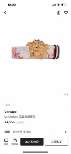 范思哲Versace，宽4.0㎝ 此款双面皮带有两种佩戴方式：一面采用Silver Baroque印花，另一面采用同色调设计。正面饰有标志性Medusa五金配件