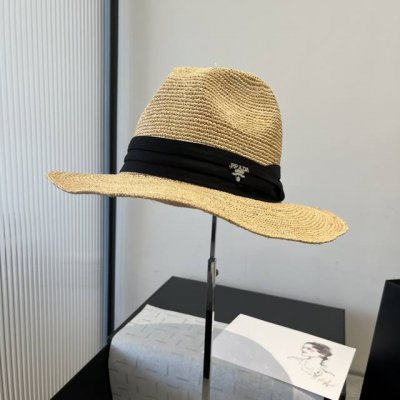 prada普拉达拉菲草礼帽 纯手工钩织 头围57Vm