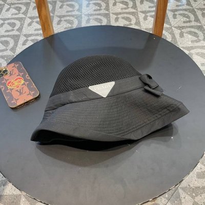 prada普拉达 新款韩版针织布沿蝴蝶结渔夫帽 遮阳防晒盆帽女时尚休闲帽子潮