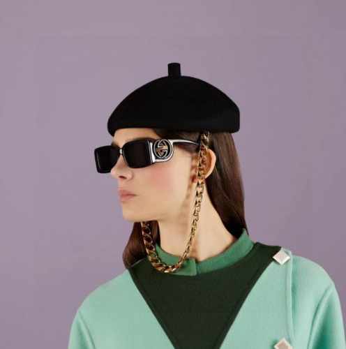 Gucci 古奇 倪妮同款 欧美潮款长方形框墨镜男女高级感个性环扣双G镂空设计前卫太阳镜