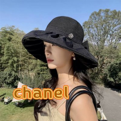 p80 Chanel春夏新款出游百搭优雅蝴蝶结渔夫帽子女拼接防晒遮阳帽可折叠盆帽