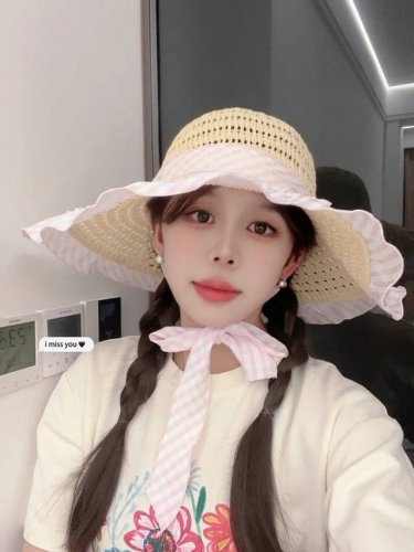 Dior迪奥2025新春蓝格飘带镂空编织草帽女大帽檐 遮阳防晒法式海边度假帽子