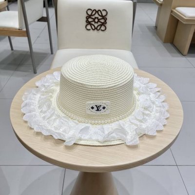 路易威登Louisvuitton 质感高级 日系优雅珍珠蕾丝花边草帽女2025春季新款宽檐显脸小