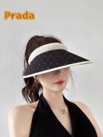 P70 普拉达Prada夏天黑胶空顶帽亮闪水钻遮阳帽子女防紫外线出游户外大帽檐防晒帽