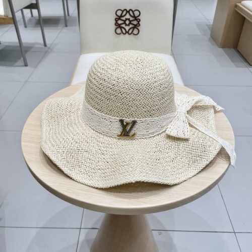路易威登棒球帽 Louisvuitton新款蕾丝飘带蝴蝶结草帽女夏季海边度假遮阳帽防晒波浪大檐草编帽