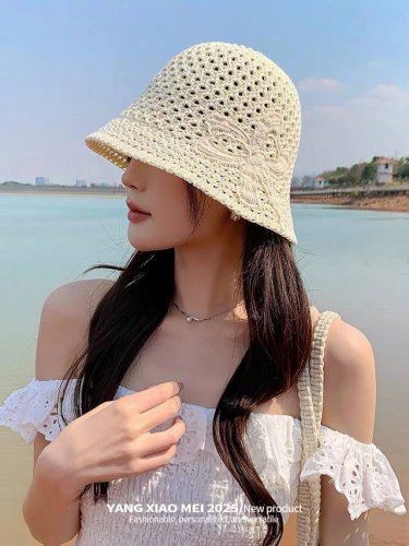 迪奥Dior百搭显脸小水桶帽子女甜美蝴蝶结夏季新 款针织渔夫帽薄款透气盆帽