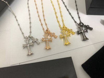 chrome Hearts 克罗心 经典双十字架满钻项链 白金 玫瑰金 黄金 枪黑 长度：55Cm 编号：C8964134