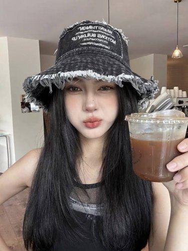 普拉达prada 日系复古磨毛边牛仔渔夫帽女春夏大头围遮阳 帽大檐遮脸防晒帽潮