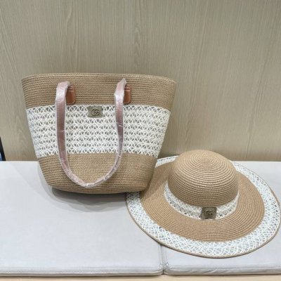 Gucci古奇2025新款两件套复古托特包包女夏森系草编包百搭大容量草帽组合套装潮流