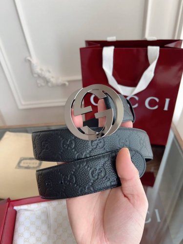 Gucci 经典全皮压花 专柜新版Logo横标 原版进口南非皮底 精品双G钢扣 高端品质 不惧对比 亮枪五金 宽度 40Mm