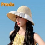 普拉达Prada春夏季新款针织透气布帽女户外遮阳防晒帽子大沿蝴蝶结渔夫帽盆帽