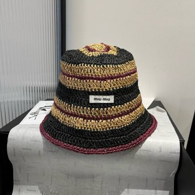 miumiu纸草钩针草盆帽 拼色条纹 可折叠 防晒遮阳百搭 头围55 58Cm 卡其色 蓝色