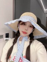 Dior迪奥2025新春蓝格飘带镂空编织草帽女大帽檐 遮阳防晒法式海边度假帽子