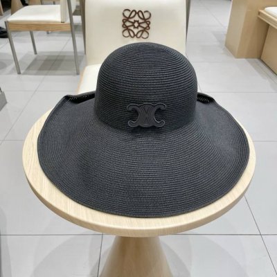 Celine塞琳翻边纽扣大檐草帽女小清新纯色夏天可折叠遮阳防晒出游沙滩度假帽
